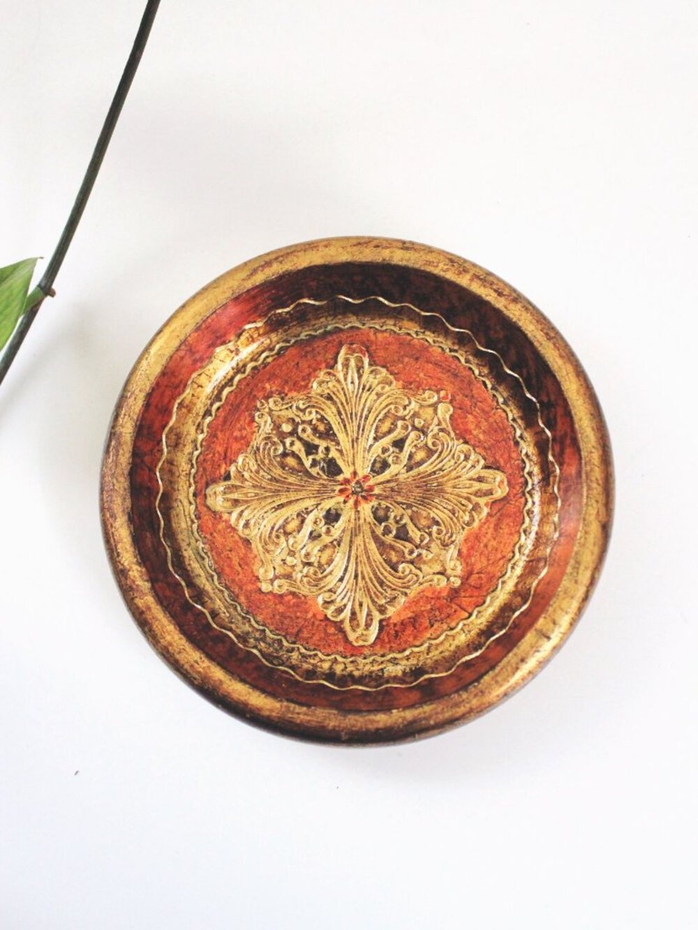 Vintage Florentia Hand-Painted Bowl Tray Dish Gold Red Italian Mid Century MCM - Picture 3 of 5